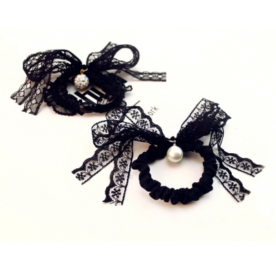 Black Lace Bow Tie Hair Band Scchie Ponytail Holder Headband Headwear